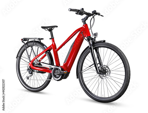 red modern mid drive motor city touring or trekking e bike pedelec with electric engine middle mount. battery powered ebike isolated white background. Innovation transportation concept.