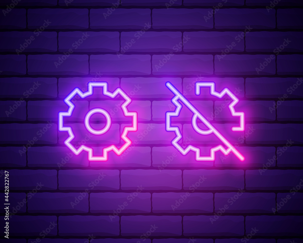 Fototapeta premium Gear, maintenance. Pink neon vector icon. Glowing gear symbol isolated on brick wall background