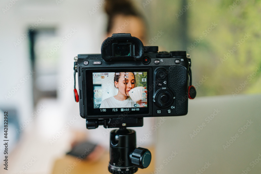 smiling young female creating content in living room with laptop and camera on tripod
smiling young female creating content in living room with laptop and camera on tripod