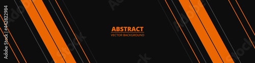 Black abstract wide horizontal banner with orange and gray lines, arrows and angles. Dark modern sporty bright futuristic horizontal abstract background. Wide vector illustration EPS10.