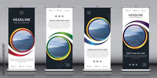4 in 1 vertical roll up street standee banner set. collection of four themes with red green blue purple yellow gold color theme editable design vector template with image. street display banner