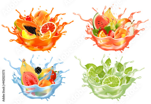 Sweet exotic juice and water splash. Whole and sliced papaya, cherry, peach, grapefruit and orange, banana, watermelon, pear mint, citron in a sweet juce and water with splashes and drops. 3D. Vector.