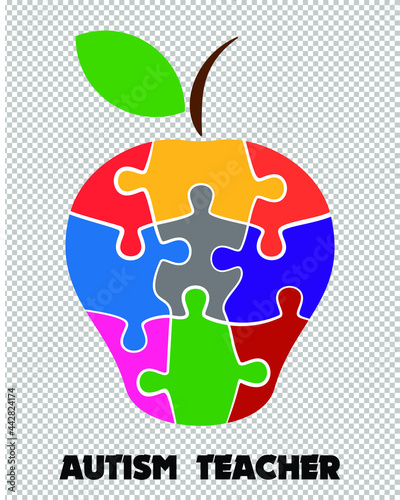 Autism Teacher. Colorful puzzle apple concept vector on gray and white square background