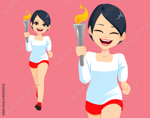 Japanese athlete holding Tokyo olympic torch running happy