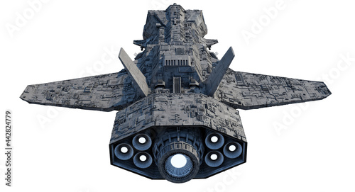 Fotografie, Tablou Interplanetary Spaceship Rear View Isolated on White Background, 3d digitally re