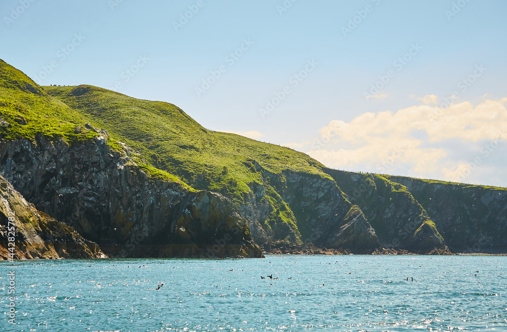 Rocky island covered with green grass and moss in the irish sea.