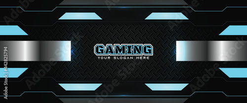 Futuristic black and blue gaming banner design template with metal technology concept. Vector illustration for business corporate promotion, game header social media, live streaming background