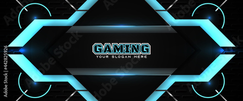 Futuristic black and blue gaming banner design template with metal technology concept. Vector illustration for business corporate promotion, game header social media, live streaming background