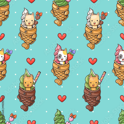 Cute Seamless pattern vector illustration, Cat and taiyaki ice cream cartoon, Fish bread dessert, blue background and polka dots, Japanese fish-shaped cake.
