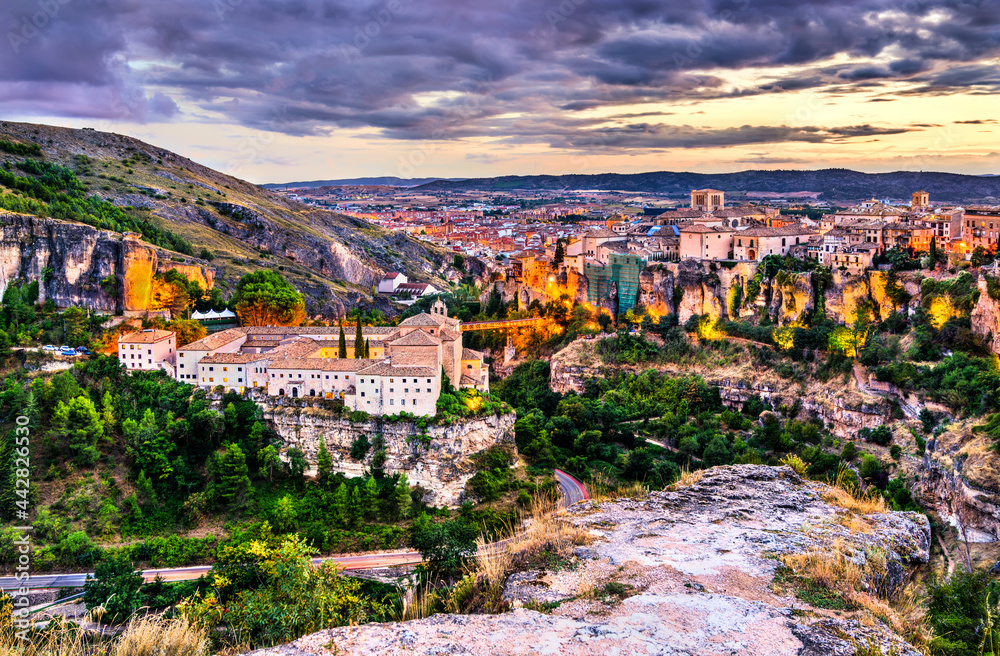 Cityscape of Cuenca at sunset in Spain