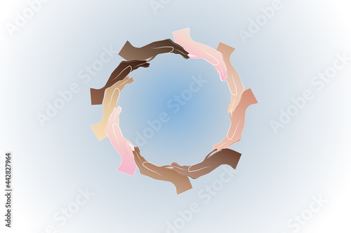 Hands teamwork logo diversity people in a circle shape icon vector image design template