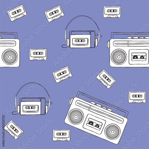 90s retro seamless pattern vector illustration. Audio tape and boombox.