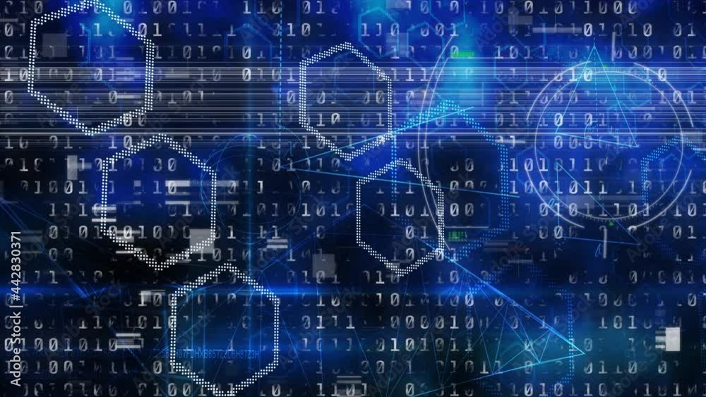 Scope scanning over binary coding data processing against hexagonal shapes on blue background Scope scanning over binary coding data processing against hexagonal shapes on blue background
