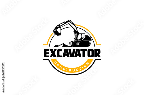 Excavator logo template vector. Heavy equipment logo vector for construction company. Creative excavator illustration for logo template.