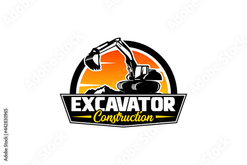Excavator logo template vector. Heavy equipment logo vector for construction company. Creative excavator illustration for logo template.
