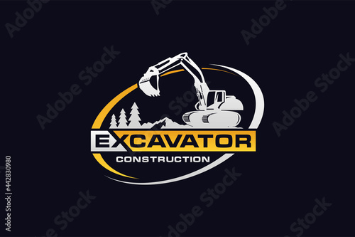 Excavator logo template vector. Heavy equipment logo vector for construction company. Creative excavator illustration for logo template.