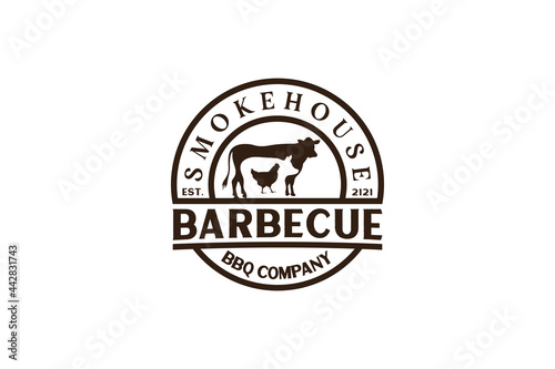 Vintage Retro Rustic BBQ Grill, Barbecue, Barbeque Label Stamp Logo design vector