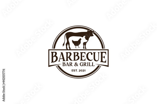 Vintage Retro Rustic BBQ Grill, Barbecue, Barbeque Label Stamp Logo design vector