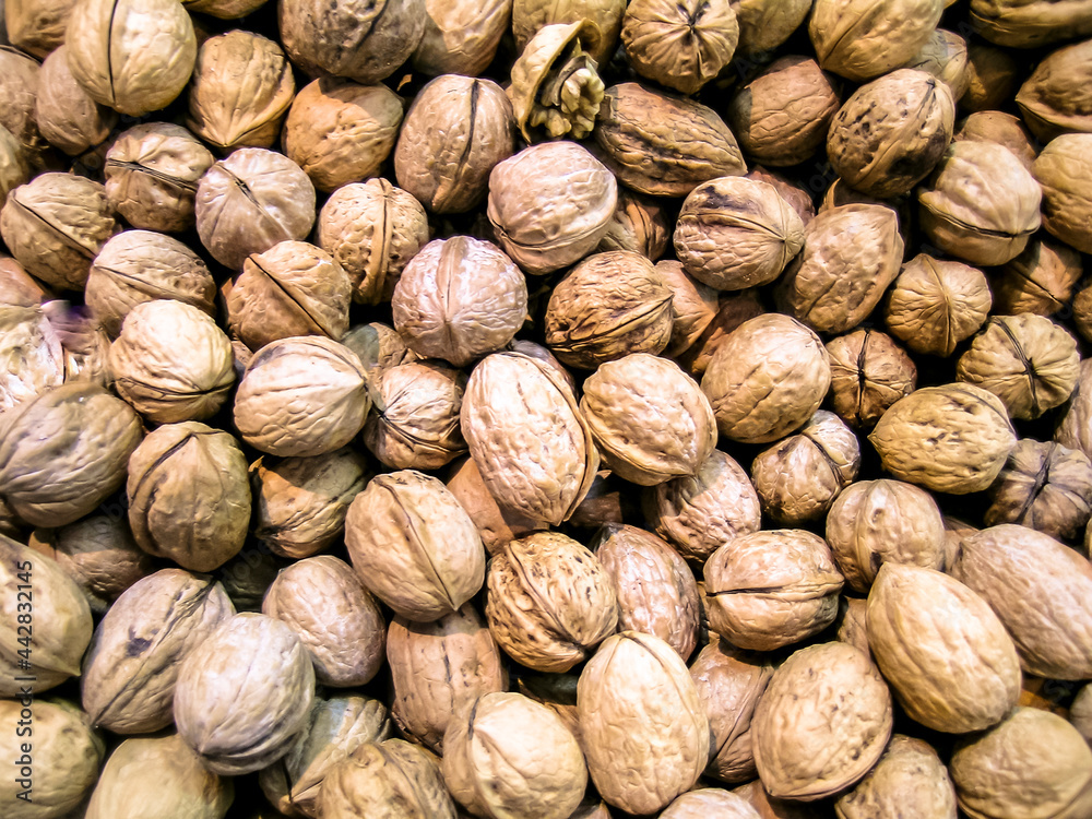 Fresh and ripe walnuts background. View of walnut shells in market. Fresh and ripe walnuts background. View of walnut shells in market.