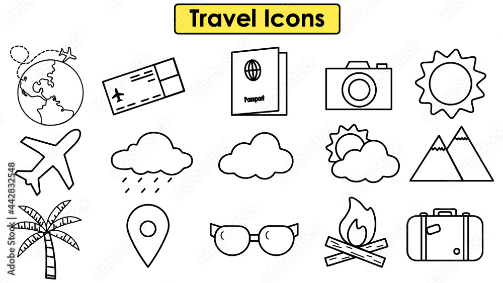 iconos de objetos y cosas de viajes en líneas