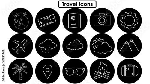 iconos de objetos y cosas de viajes en blanco y negro