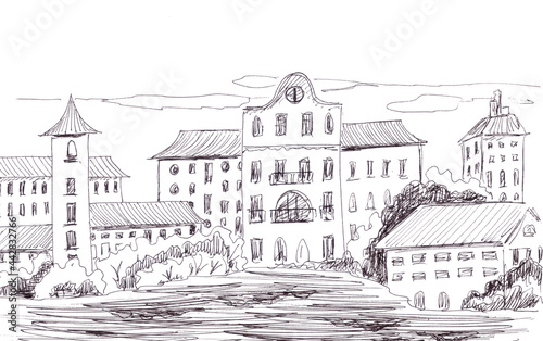 abstract old medieval town, graphic drawing on white background