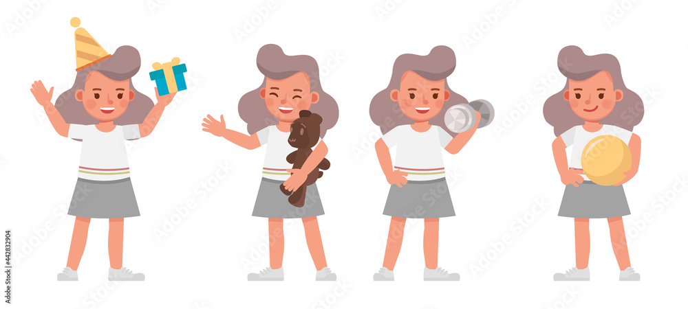 Set of children character vector design. Girl wear white shirt and grey skirt. Presentation in various action with emotions. kids receiving a gifts. Set of children character vector design. Girl wear white shirt and grey skirt. Presentation in various action with emotions. kids receiving a gifts.