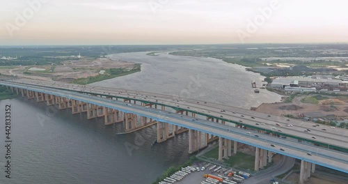 Aerial panoramic view on the huge complex road junction at the entrance to the Governor Alfred E. Driscoll Bridge in New Jersey photo