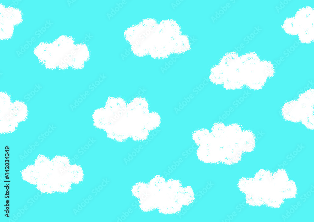 青空に浮かんだたくさんの雲の手描きイラスト