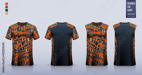 Orange T-shirt sport, Soccer jersey, football kit, basketball uniform, tank top, and running singlet mockup. Fabric pattern design. Vector.