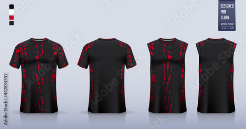 Red T-shirt sport, Soccer jersey, football kit, basketball uniform, tank top, and running singlet mockup. Fabric pattern design. Vector.