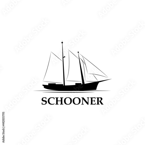 Schooner ship logo. Vintage ship logo. Silhouette of Schooner logo design. Traditional Sailboat