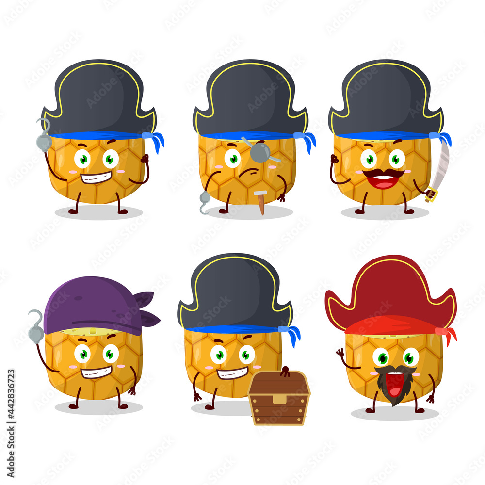 Cartoon character of slice of pineapple with various pirates emoticons Cartoon character of slice of pineapple with various pirates emoticons