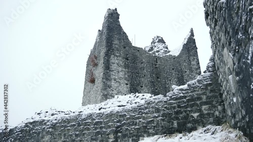 Ruined castle in white winter fog photo
