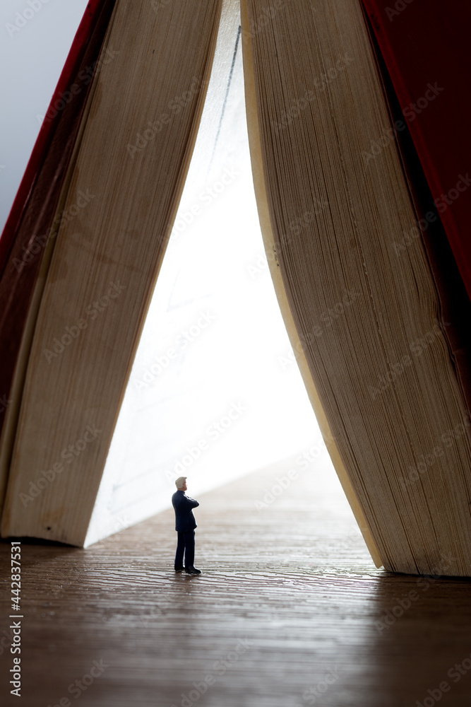 Miniature businessman doll model observing inside an open book Miniature businessman doll model observing inside an open book
