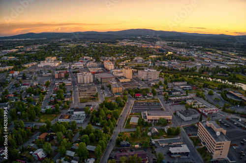 Aerial View of Downtown Fairbanks, Alaska during a Summer Sunset