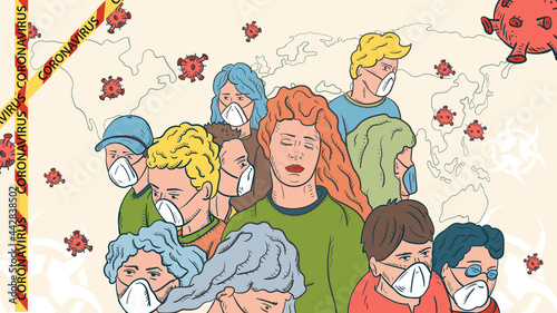 banner illustration for the design of the corona virus SARS-CoV-2 a crowd of masked people and a girl in a crowd without a mask