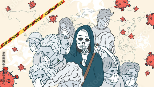banner illustration for the design of the virus corona SARS-CoV-2 a cluster of masked people a gray mass in the middle a skeleton of death with a scythe and virus molecules