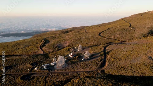 Aerial of MAGIC telescope on top of high mountain on the island of La Palma, Canary Islands photo