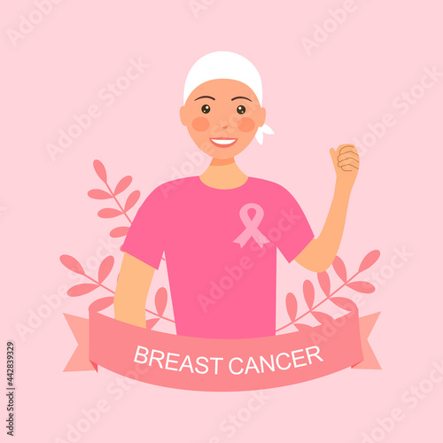 Breast cancer awareness month concept vector illustration. Woman patient in pink dress with ribbon logo fight her illness with confidence in flat design.