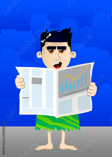 Cartoon prehistoric man reading newspaper. Vector illustration of a man from the stone age.