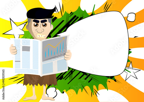Cartoon prehistoric man reading newspaper. Vector illustration of a man from the stone age.