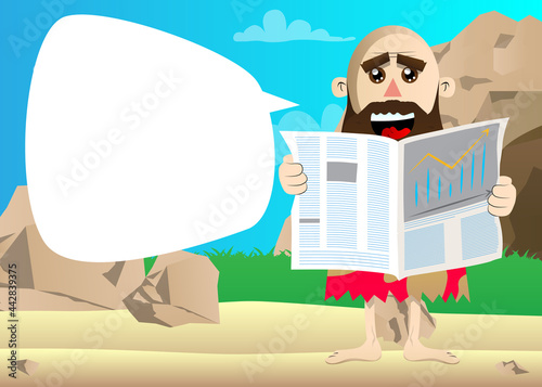 Cartoon prehistoric man reading newspaper. Vector illustration of a man from the stone age.