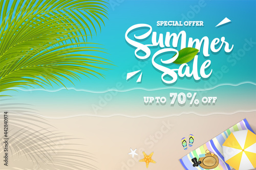Summer sale banner with tropical beach view background