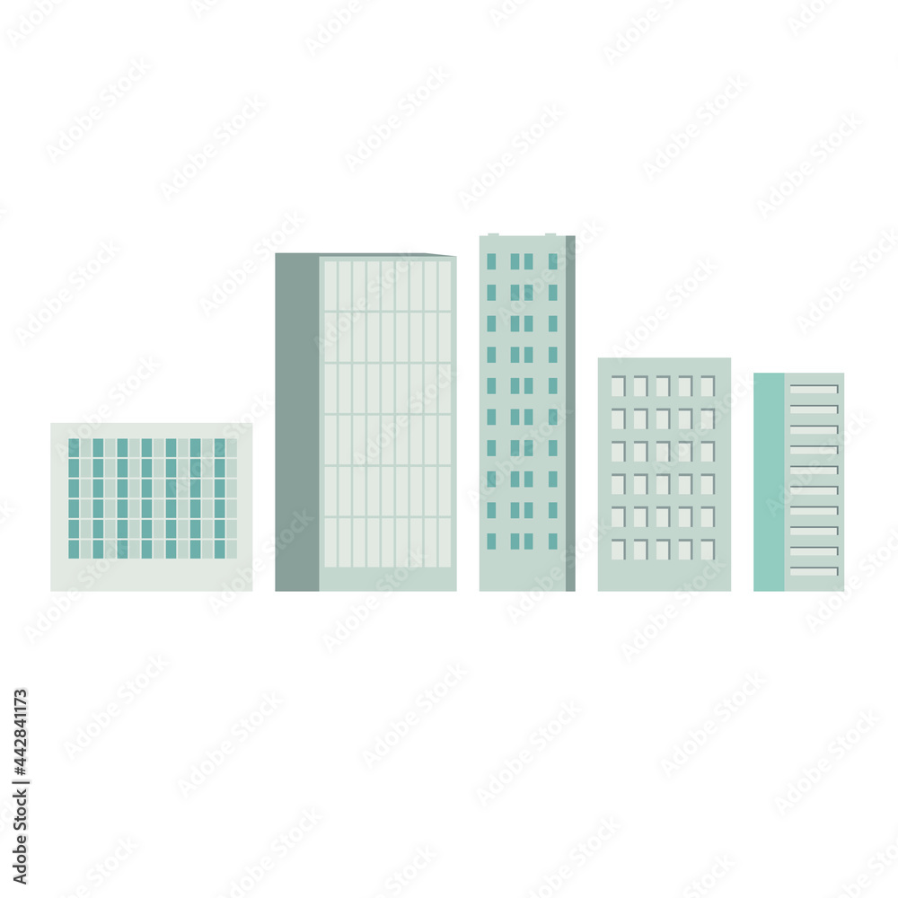 Set of buildings, houses, architectural city buildings. Vector illustration, flat minimal design, monochrome faded gray. Concept: background decoration, urban landscape.