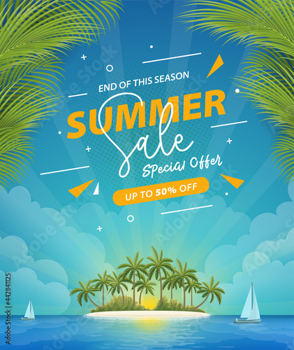 Summer sale poster with tropical island view background 