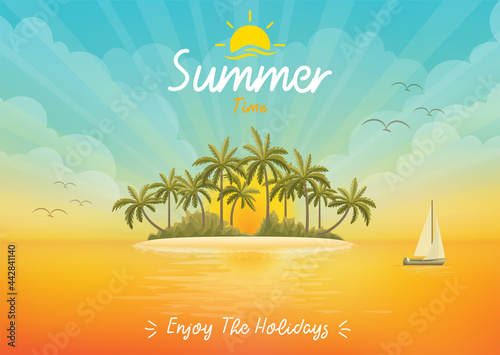 Summer time poster with tropical island view background 