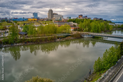 Aerial View of the popular Fishing Spot of Ship Creek in Anchorage  Alaska