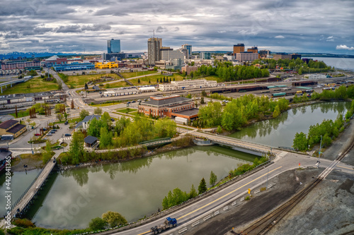 Aerial View of the popular Fishing Spot of Ship Creek in Anchorage, Alaska
