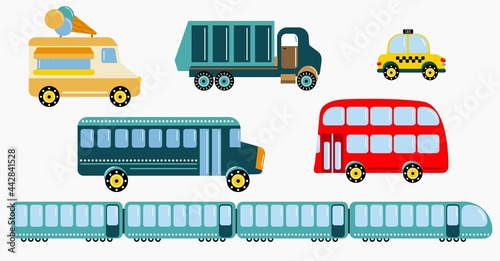 Set of hand drawn cars in a flat style. Garbage truck, bus, double decker bus, train, taxi, ice cream van. White background, isolate. Vector illustration.